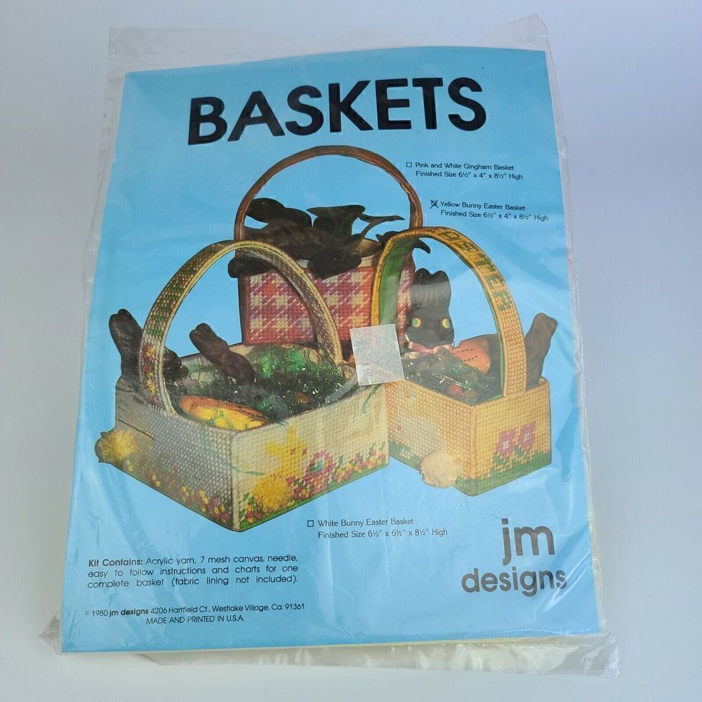 Vintage 1980 JM Designs Yarn Easter Basket Craft Kit Yellow bunny